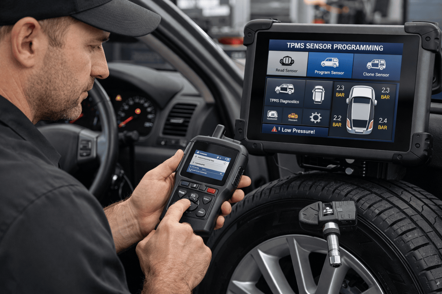 TPMS daviklių programavimas ir diagnostika atliekama automobiliui siekiant tiksliai veikiančios padangų slėgio sistemos